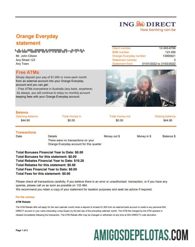 Extrato bancário direto do ING da Austrália 2 páginas modelo Xls